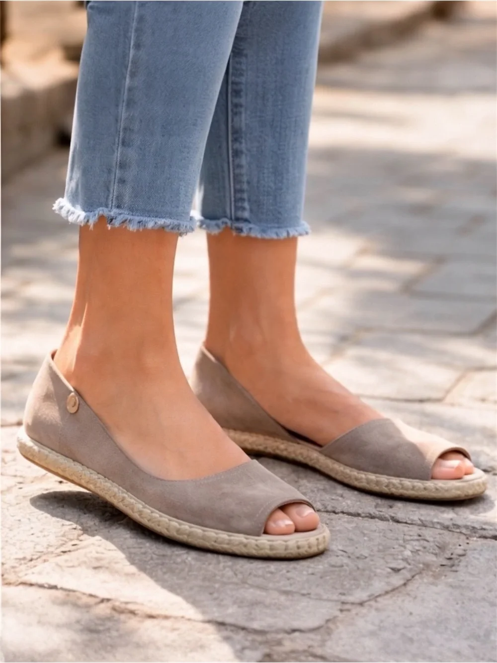 Verbenas Cruz Suede Peep Toe Espadrille Sandal in Stone Handmade in Spain Sz 38